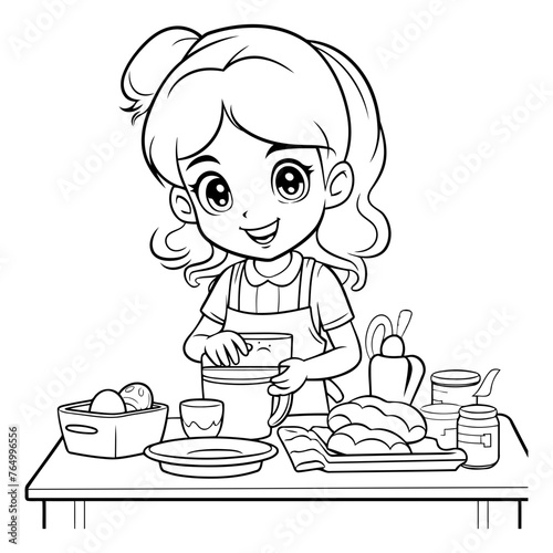 Coloring Page Outline Of a Cute Little Girl Baking