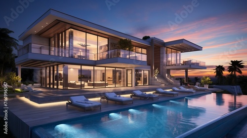 Impressive modern mansion with pool at dusk . Natural Landscape  © CREATIVE STOCK