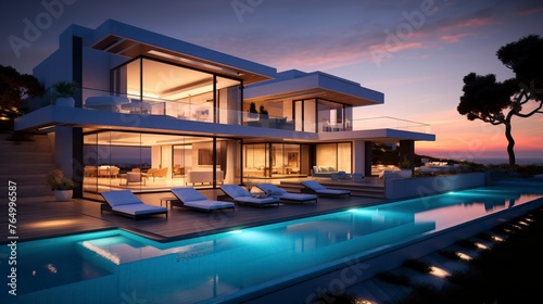 Impressive modern mansion with pool at dusk . Natural Landscape 