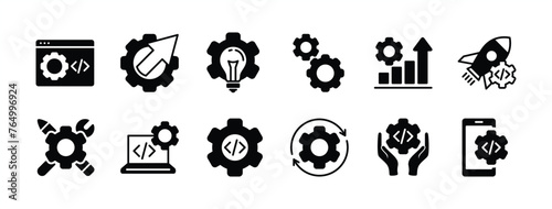 Business and development technology icon set. Containing progress, coding, programming, process, build, release, startup, maintenance, idea, gear settings. Vector illustration