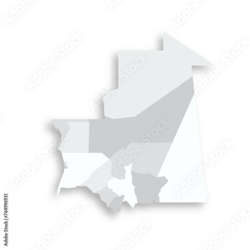 Mauritania political map of administrative divisions - regions and Nouakchott departments. Grey blank flat vector map with dropped shadow.