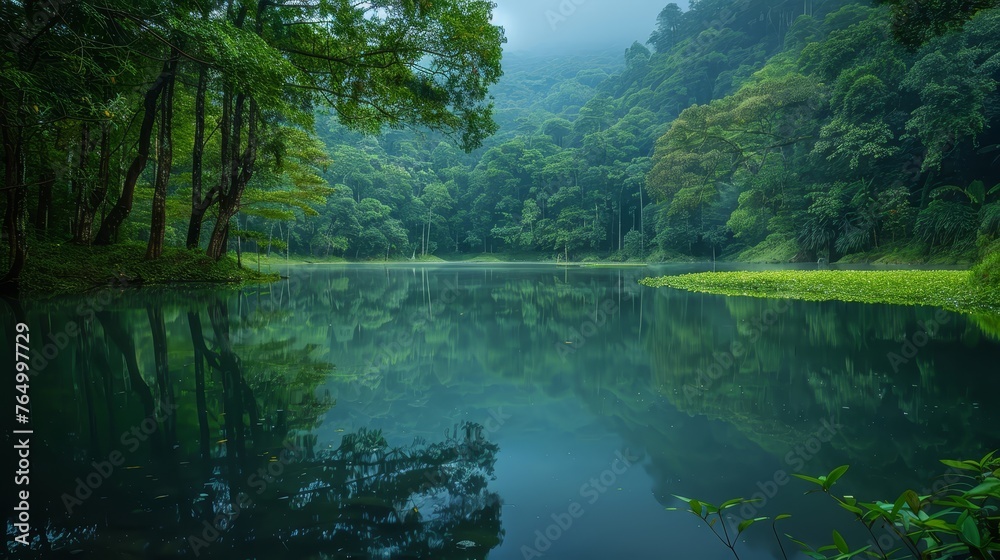 The environment: A tranquil lake surrounded by lush greenery The environment: A tranquil lake surrounded by lush greenery