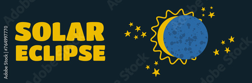Solar eclipse banner. The moon covers the sun. Vector illustration
