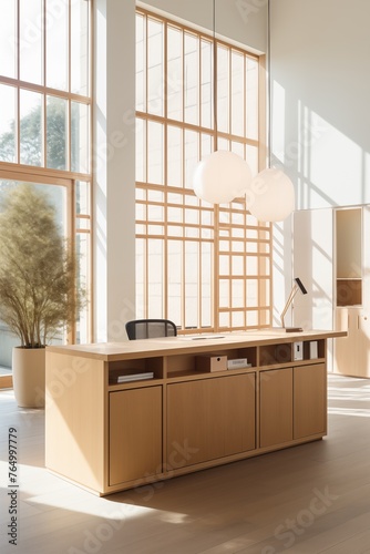 A light wooden reception desk, Japandi style, located in an open space office with large windows, hanging pendant lights, design minimalist and modern, soft pastel tones, fresh atmosphere