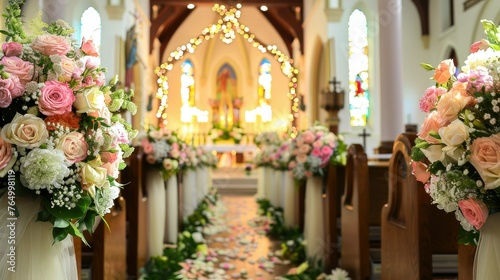 A serene and beautifully arranged wedding setup within the confines of a church.