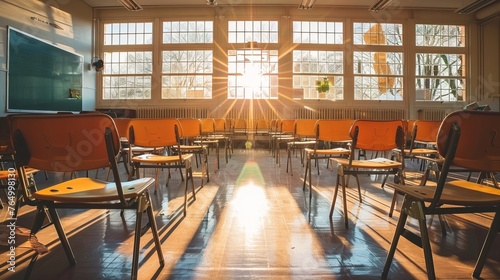 Vibrant classroom setting: well-lit schoolroom with rows of forward-facing chairs