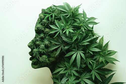 female head of a marijuana consumer made of leaf of green cannabis on white isolated background