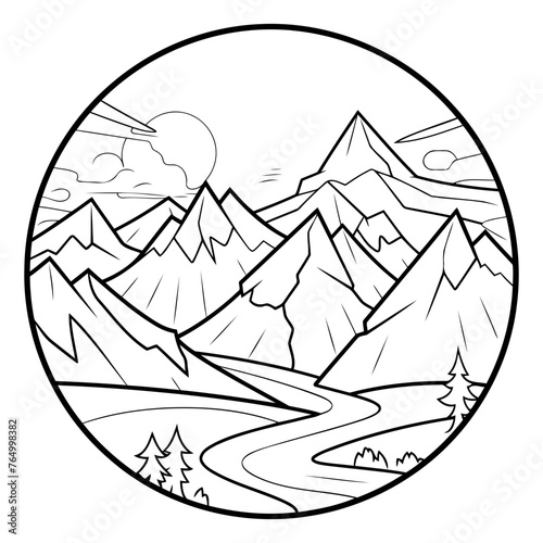 Mountains in the circle. Coloring page.
