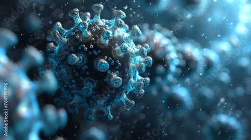 Conceptual digital art of a virus particle in cool blue tones, symbolizing outbreak and research themes, suited for public health campaigns.