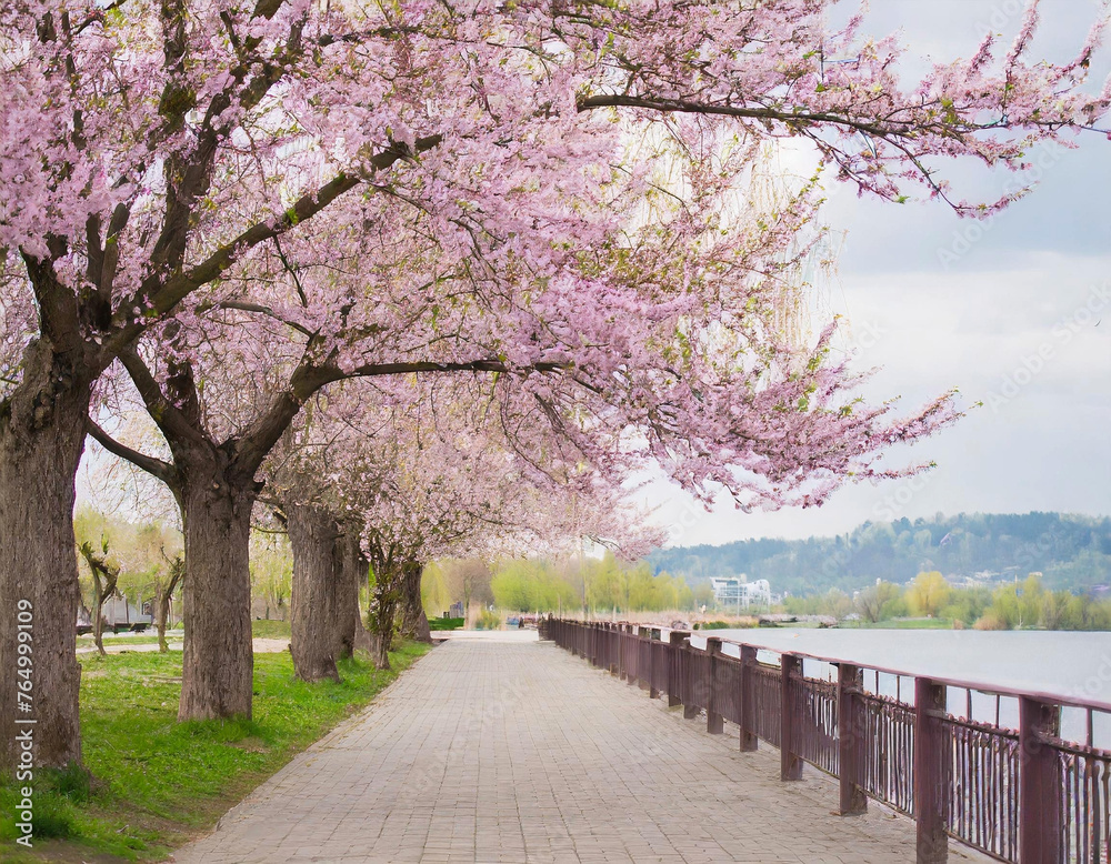 포근한 봄 벚꽃이 피어있는 산책로