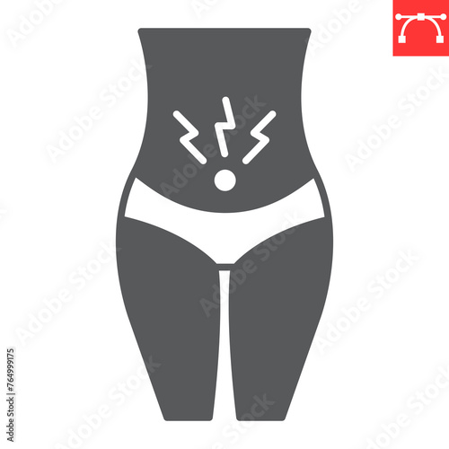 Menstrual cramps glyph icon, body pain and human disease, painful menses vector icon, vector graphics, editable stroke solid sign, eps 10.