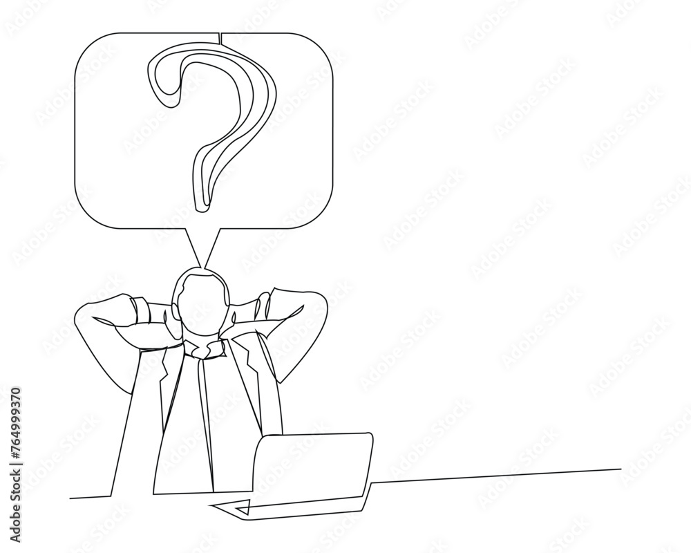 Continuous single line sketch drawing of thinking man with questions mark speech bubble. One line art of business man thinking idea. Vector illustration	