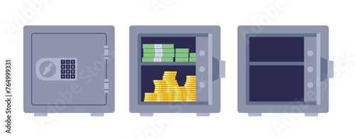 Metal safe with a combination lock: closed, open and full of money, open and empty. Flat style vector illustration of money and finance