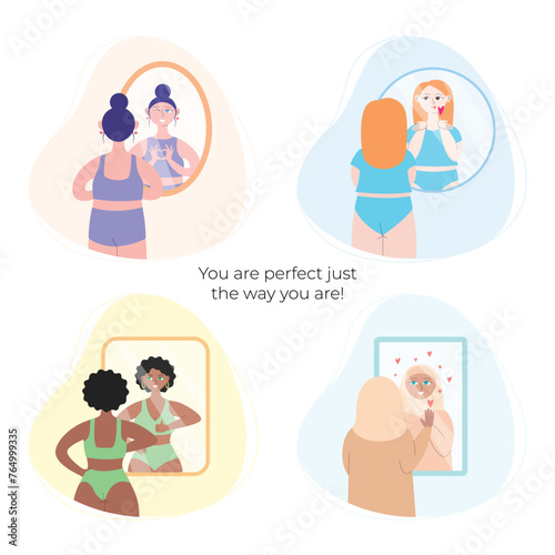 Self love and self acceptance concept illustrations set. Various women look in the mirror and show there reflection gestures of love and acceptance. Flat style vector illustrations 