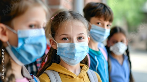 Children wearing face masks return to school post covid-19 quarantine and lockdown photo