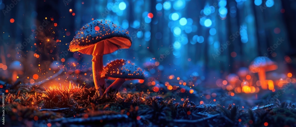 Poisonous mushrooms casting galaxy-like glow on forest floor night - obrazy, fototapety, plakaty 