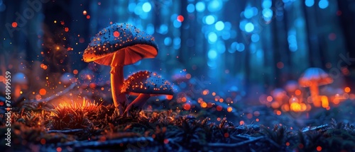 Poisonous mushrooms casting galaxy-like glow on forest floor night