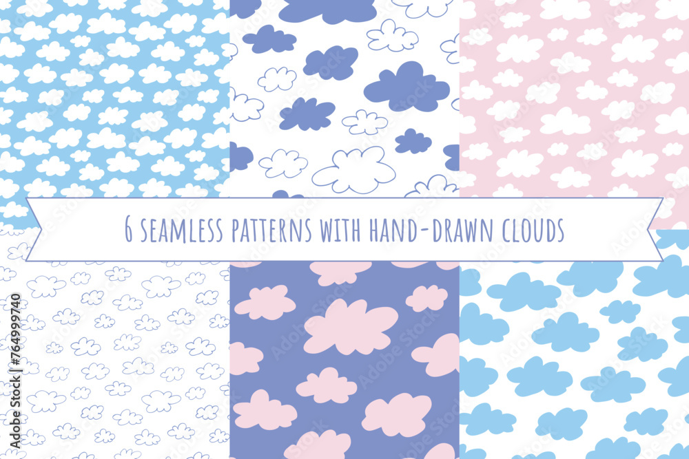 Hand drawn clouds seamless patterns set. Cute dreamy designs for kids. Nursery decor. Vector backgrounds collection. Hand drawn clouds seamless patterns set. Cute dreamy designs for kids. Nursery decor. Vector backgrounds collection.
