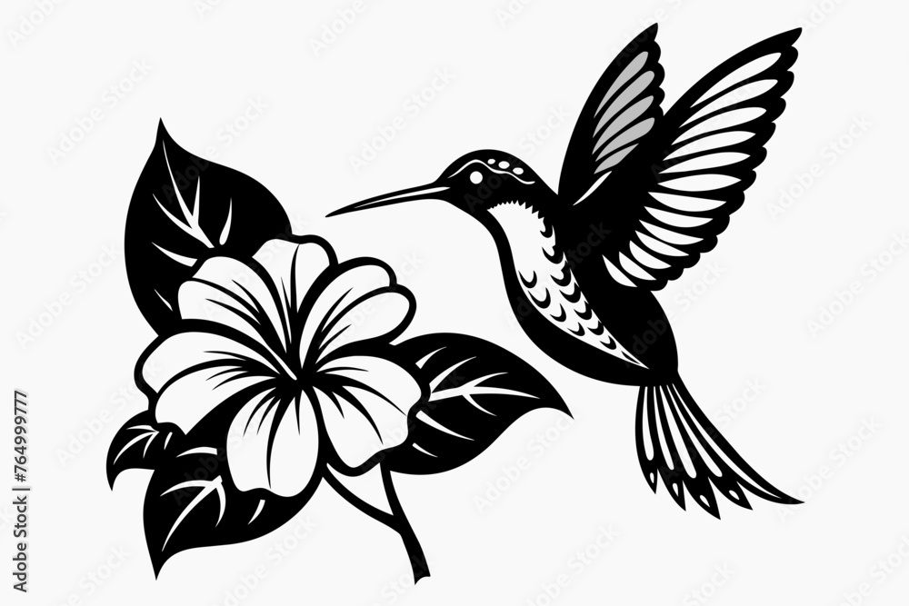 Fototapeta premium hummingbird and hibiscus, vector, simple, black and white