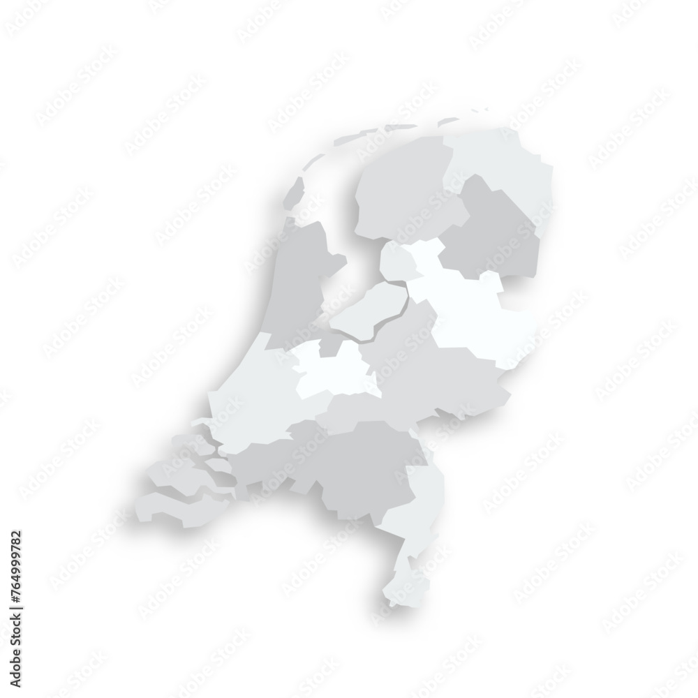 Netherlands political map of administrative divisions - provinces. Grey blank flat vector map with dropped shadow.