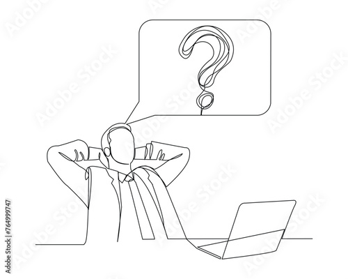 Continuous single line sketch drawing of thinking man with questions mark speech bubble. One line art of business man thinking idea. Vector illustration	