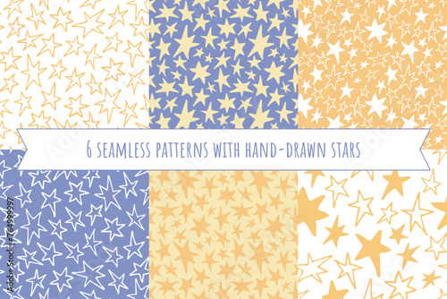 Set of 6 simple dreamy seamless patterns with hand drawn stars. Creative abstract design for kids. Simple wallpaper prints collection.
