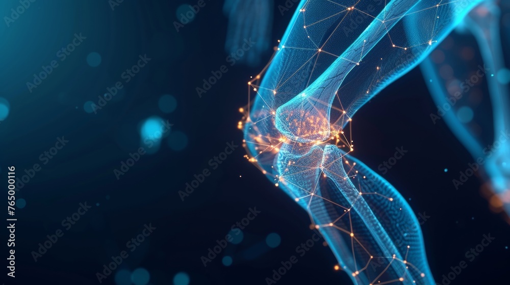 Glowing hologram of human bone joint structure with dark background.