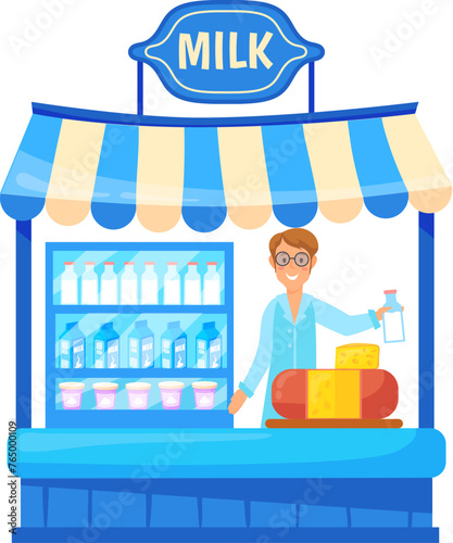 Dairy vendor store counter. Cartoon market stall