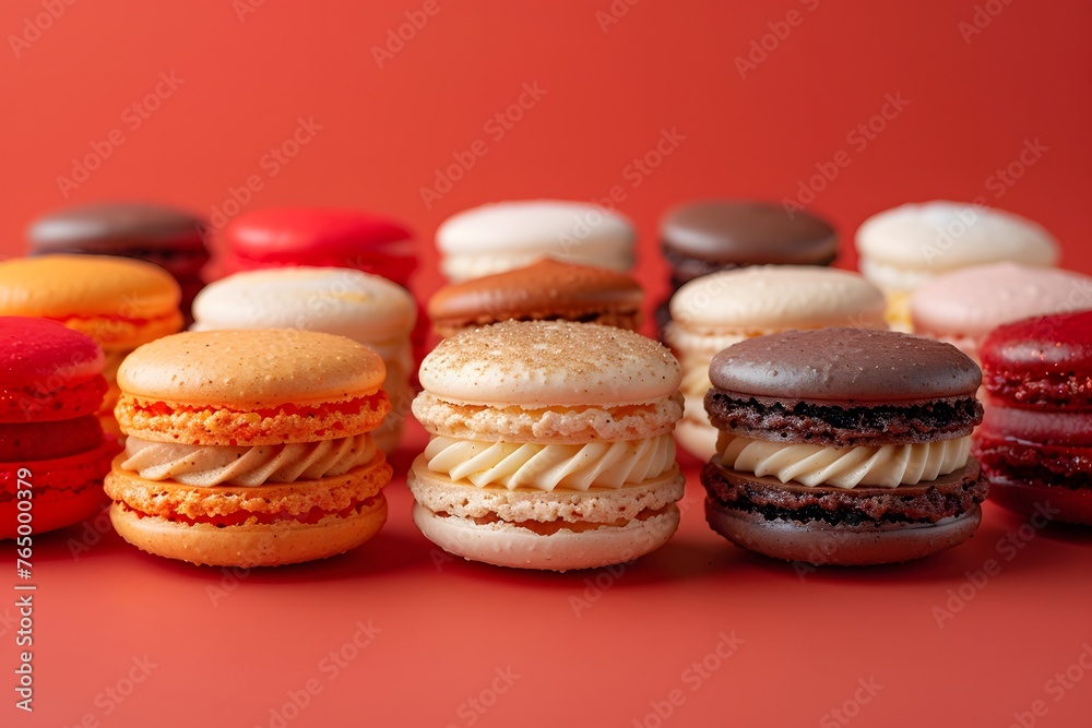 Assorted Macaroons Lined Up on Red Surface