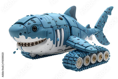 A 3D animated cartoon render of a blue shark amphibious vehicle equipped with tank tracks, swimming in a pool. photo