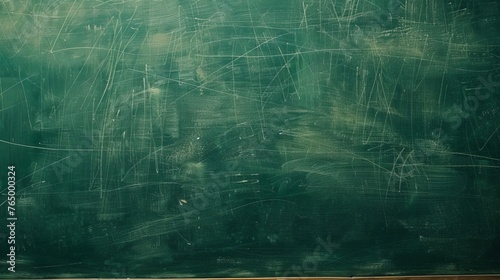 Close-up view of blank green chalkboard in classroom setting, educational background for teaching and learning concepts, copy space available for text or graphics photo