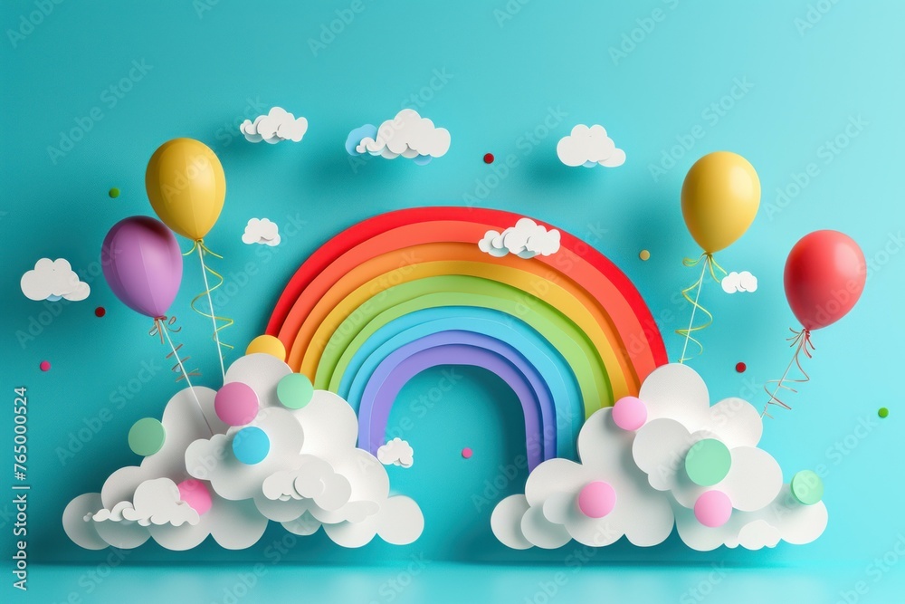 Naklejka premium Ethereal Rainbow with clouds balls. Party shape. Generate Ai