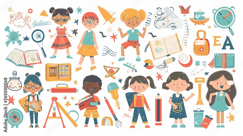 Cute happy children and school supplies: vector illustrations depicting a vibrant school atmosphere with joyful students and decorative elements Cute happy children and school supplies: vector illustrations depicting a vibrant school atmosphere with joyful students and decorative elements