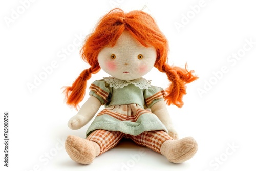stuffed soft sitting funny pig-tailed red-headed doll isolated over white background