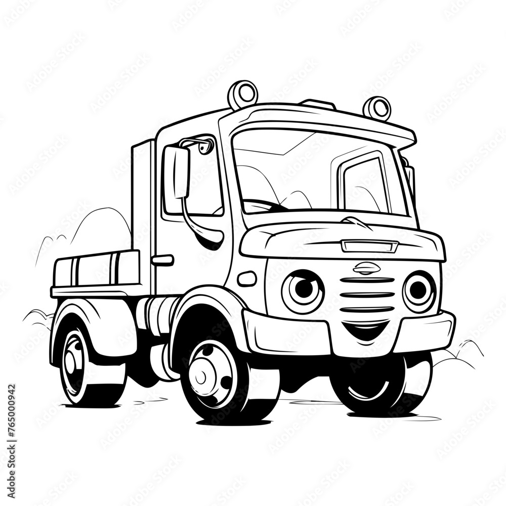 Funny monster truck. Black and white vector illustration for coloring book