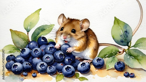 Urban field mouse enjoys eating blueberries in the garden