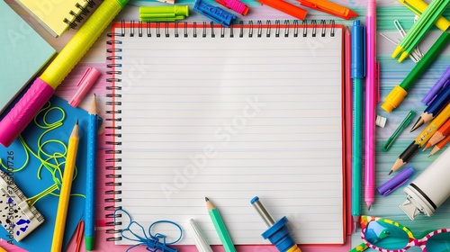 Vibrant border of colorful school supplies on lined paper background