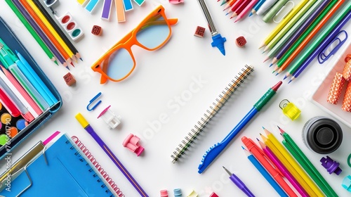 Vibrant back-to-school essentials on clean white background - educational supplies in brilliant colors
