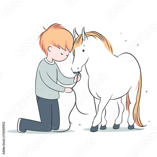 Little boy and white horse in doodle style.