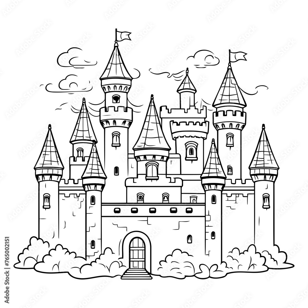 Fairytale castle. Black and white vector illustration for coloring book