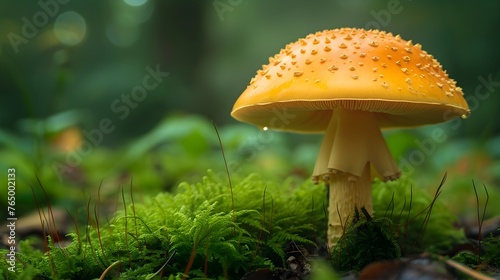 A closeup of an Amanita muscaria mushroom surrounded by autumn leaves, set against the backdrop of a forest in fall