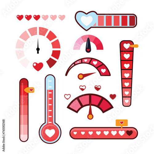 Set of love meter collection, love indicator with red hearts and love thermometer. Red heart meters vector set. Collection of analog attraction and passion scales, gauge for romance measurement.