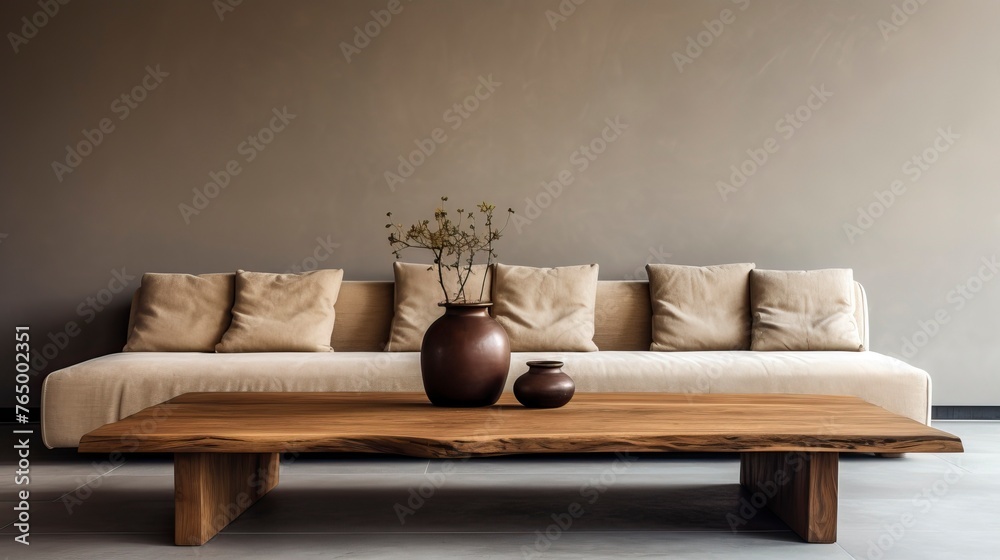 Minimal living room with wooden coffee table near sofa close-up. Interior design
Minimal living room with wooden coffee table near sofa close-up. Interior design