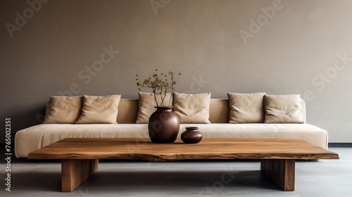 Minimal living room with wooden coffee table near sofa close-up. Interior design
