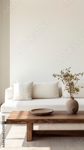 Minimal living room with wooden coffee table near sofa close-up. Interior design  © CREATIVE STOCK