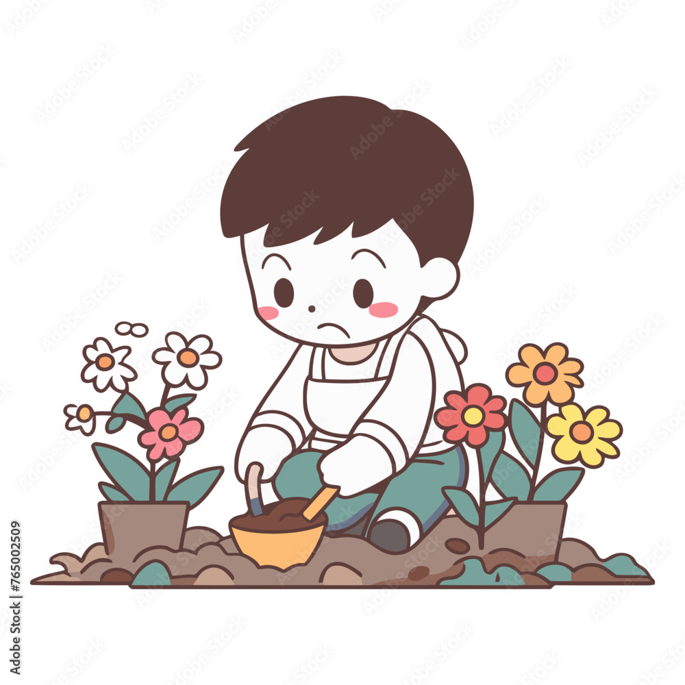 Boy planting flowers in the garden. Cute cartoon vector illustration.