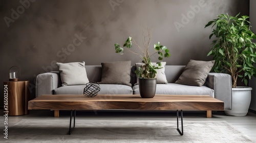 Minimal living room with wooden coffee table near sofa close-up. Interior design 