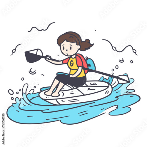 Illustration of a young woman paddling on a kayak.