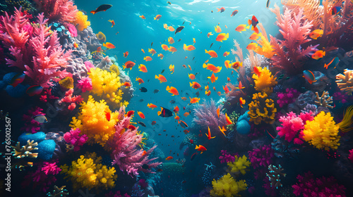 Top view of a colorful coral reef, spacious copy space, no text, no logo, no brand, no letters, Cinematic, vibrant colors, wallpaper style, master piece, background, photorealistic © VirtualCreatures