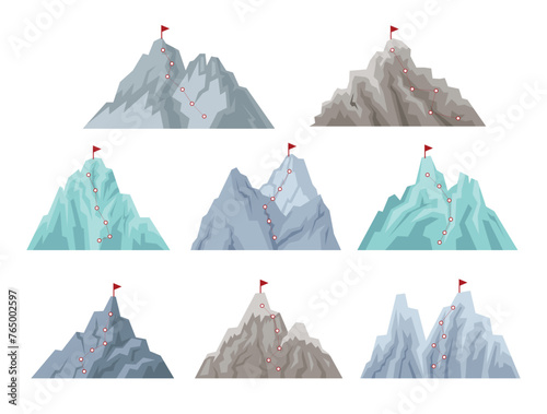 Set of Mountain Peak Climbing Route, Mountain progression path. Climbing progress route, mountain peak overcoming, mountain climbing path with red flag on top vector illustration, infographic.